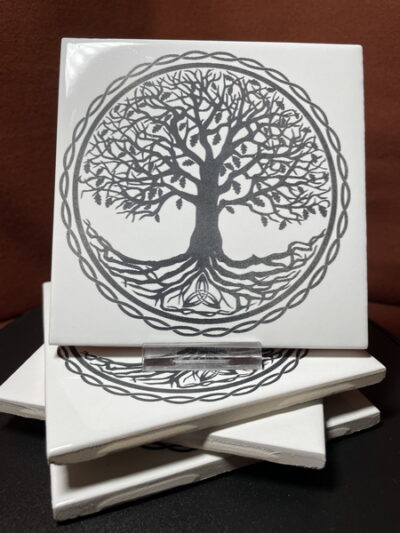 Set of 4  "The Celtic Tree of Life Image"  in Black & White on Laser Engraved Ceramic Tile Coasters.    Great Gifts