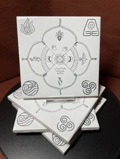 Set of 4 "The Elements" Images in Black & White on Laser Engraved Ceramic Tile Coasters.    Great Gifts