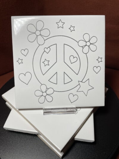 Set of 4 Different "70's" Peace Signs Images in Black & White on Laser Engraved Ceramic Tile Coasters.    Great Gifts - Image 2