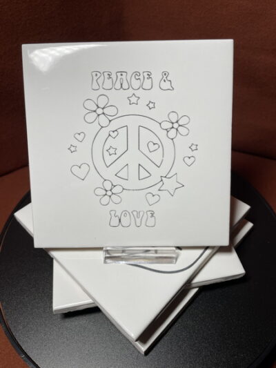 Set of 4 Different "70's" Peace Signs Images in Black & White on Laser Engraved Ceramic Tile Coasters.    Great Gifts - Image 3