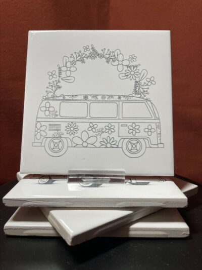 Set of 4 Different "VW Hippie Bus" Images in Black & White on Laser Engraved Ceramic Tile Coasters.    Great Gifts - Image 5