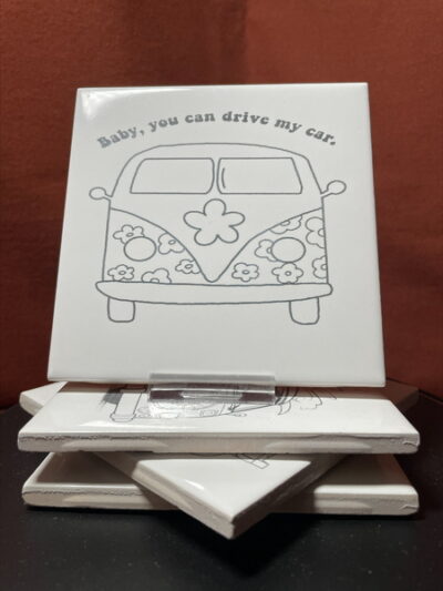 Set of 4 Different "VW Hippie Bus" Images in Black & White on Laser Engraved Ceramic Tile Coasters.    Great Gifts - Image 4