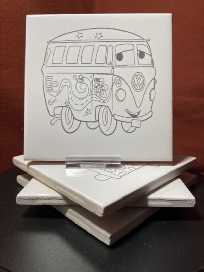 Set of 4 Different "VW Hippie Bus" Images in Black & White on Laser Engraved Ceramic Tile Coasters.    Great Gifts - Image 3