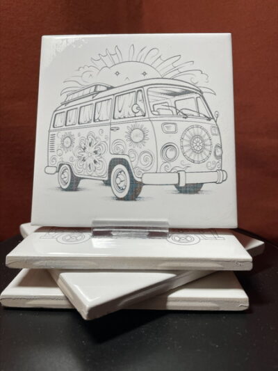 Set of 4 Different "VW Hippie Bus" Images in Black & White on Laser Engraved Ceramic Tile Coasters.    Great Gifts