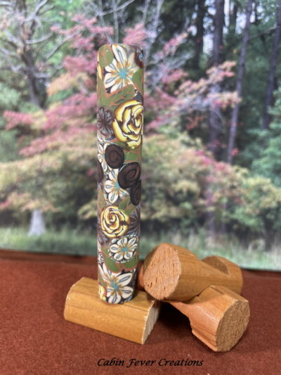 Polymer Clay Pen Blank Olive Green, Blue, Brown Flowers with Gold and Brown Roses Designed for Zen Pen Kit